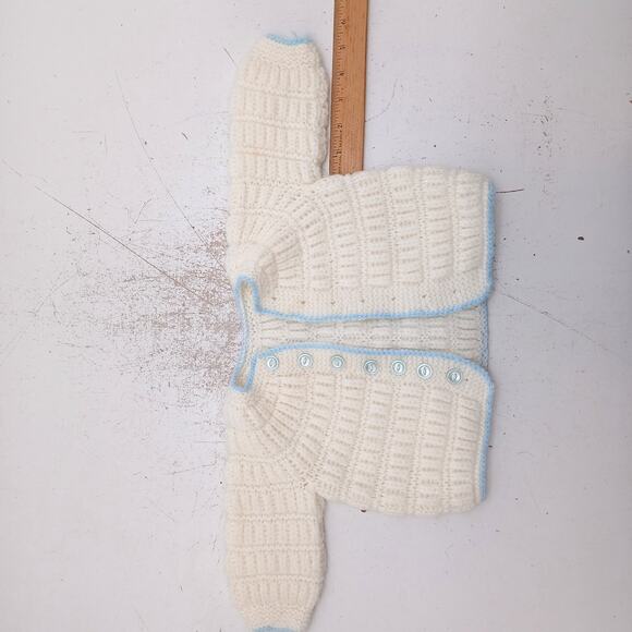 Handmade Baby Sweater White Blue Knit Button Cardigan Infant Gift Unisex - Picture 3 of 9